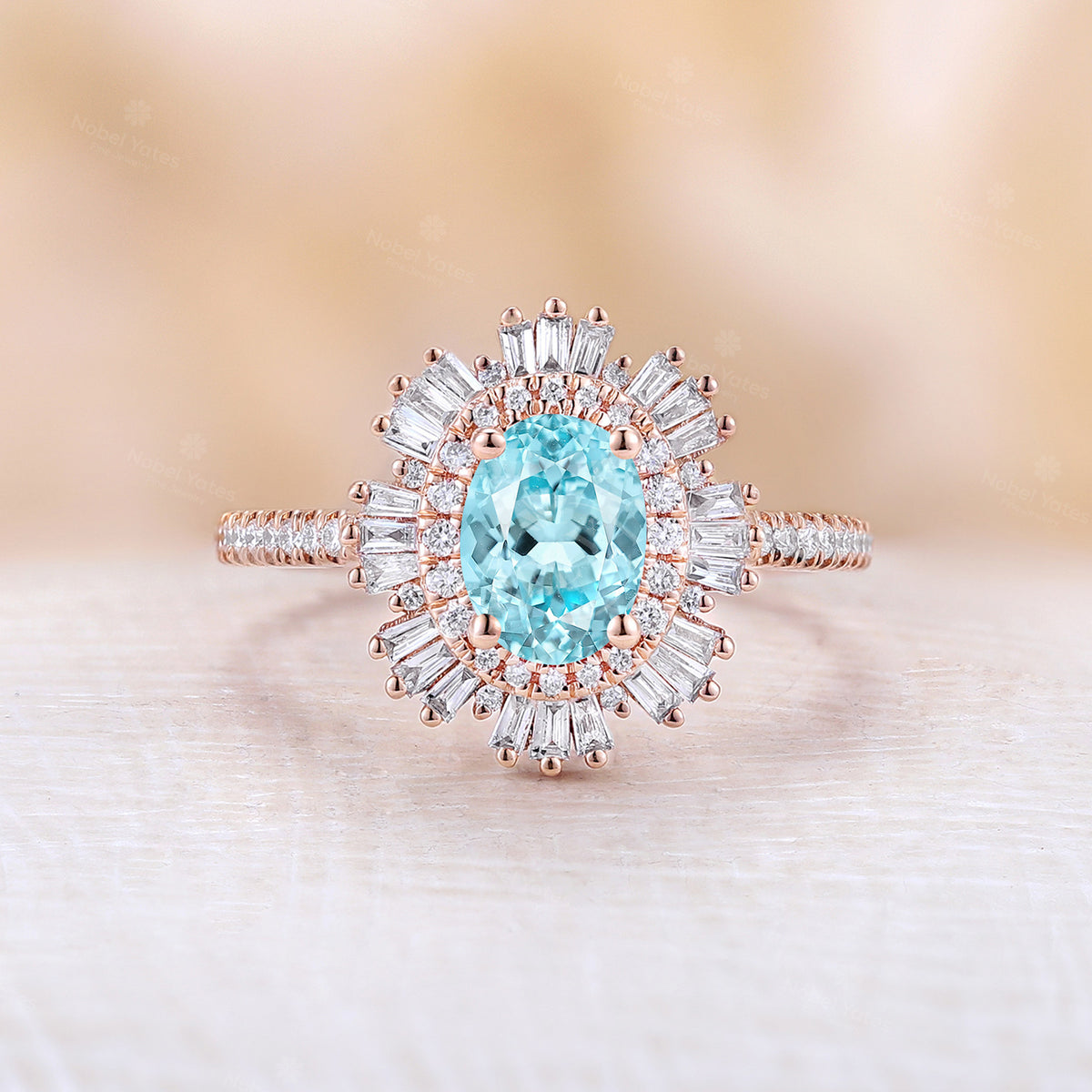 Art Deco Starburst Oval White Opal Engagement Ring Rose Gold