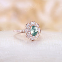 Art deco Oval Moss Agate Rose Gold Halo Engagement Ring