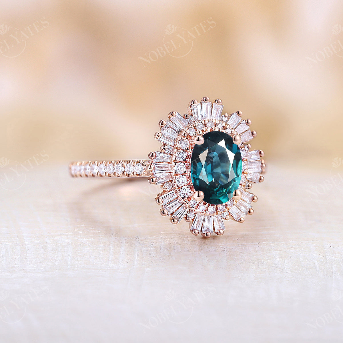 Art Deco Teal Sapphire Baguette Halo Engagement Ring Pave Band
