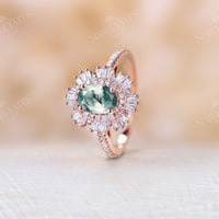 Art deco Oval Moss Agate Rose Gold Halo Engagement Ring