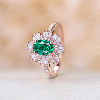 Lab Emerald Art Deco Halo Engagement Ring Rose Gold Pave Band