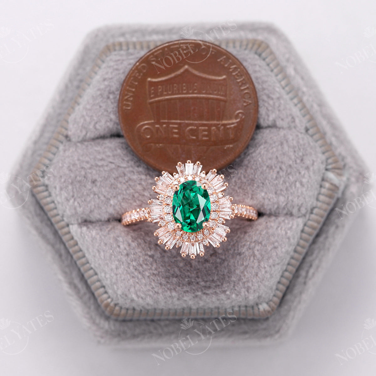 Lab Emerald Art Deco Halo Engagement Ring Rose Gold Pave Band