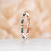 Marquise Moss Agate Full Eternity Wedding Band Rose Gold Moissnaite Band