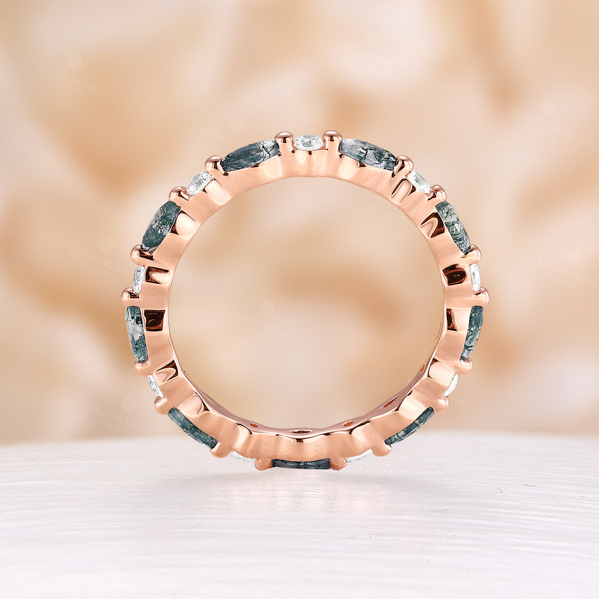 Marquise Moss Agate Full Eternity Wedding Band Rose Gold Moissnaite Band