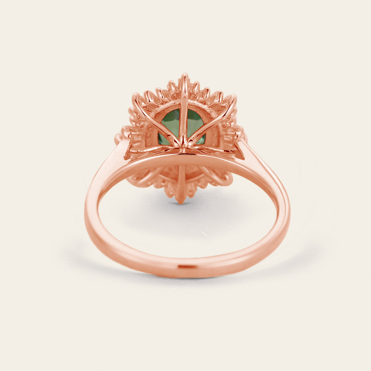 Art deco Oval Lab Green Sapphire Halo Starburst Engagement Ring Rose Gold