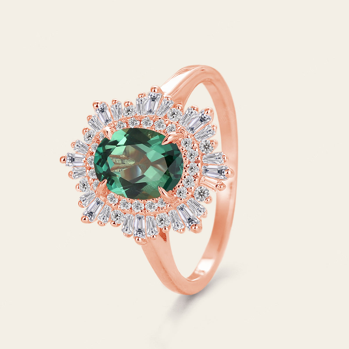 Art deco Oval Lab Green Sapphire Halo Starburst Engagement Ring Rose Gold