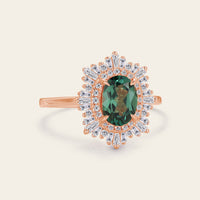 Art deco Oval Lab Green Sapphire Halo Starburst Engagement Ring Rose Gold