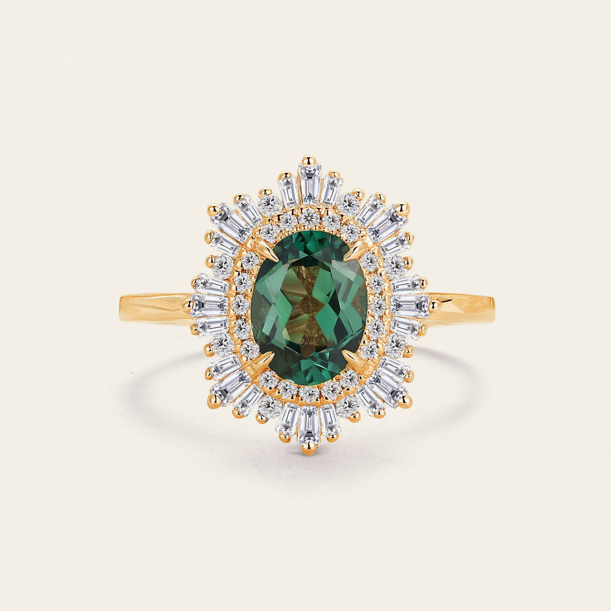 Art deco Oval Lab Green Sapphire Halo Starburst Engagement Ring Rose Gold