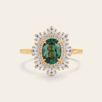 Art deco Oval Lab Green Sapphire Halo Starburst Engagement Ring Rose Gold