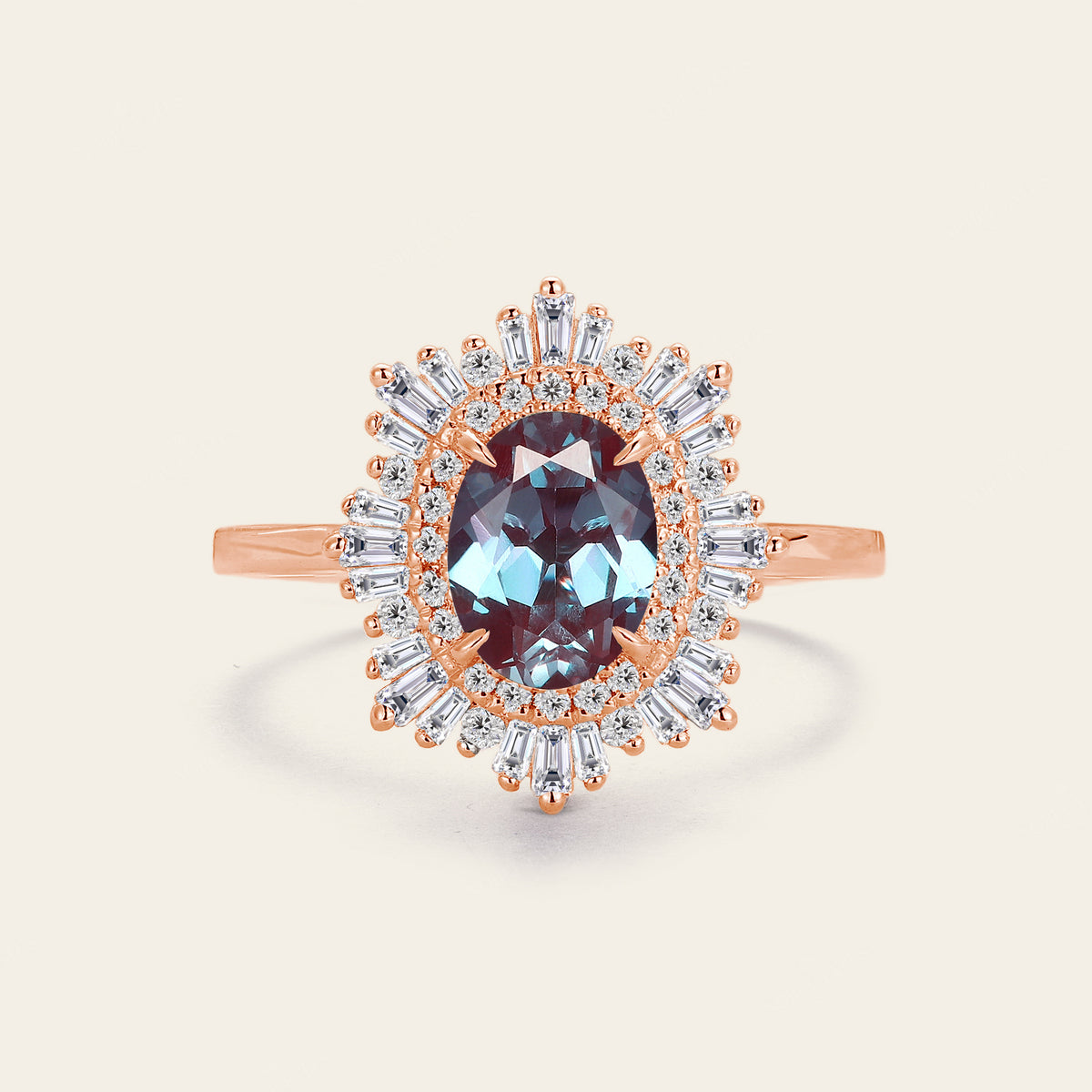 Art Deco Lab Alexandrite Oval Cut Rose Gold Engagement Ring