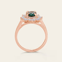 Art deco Oval Lab Green Sapphire Halo Starburst Engagement Ring Rose Gold