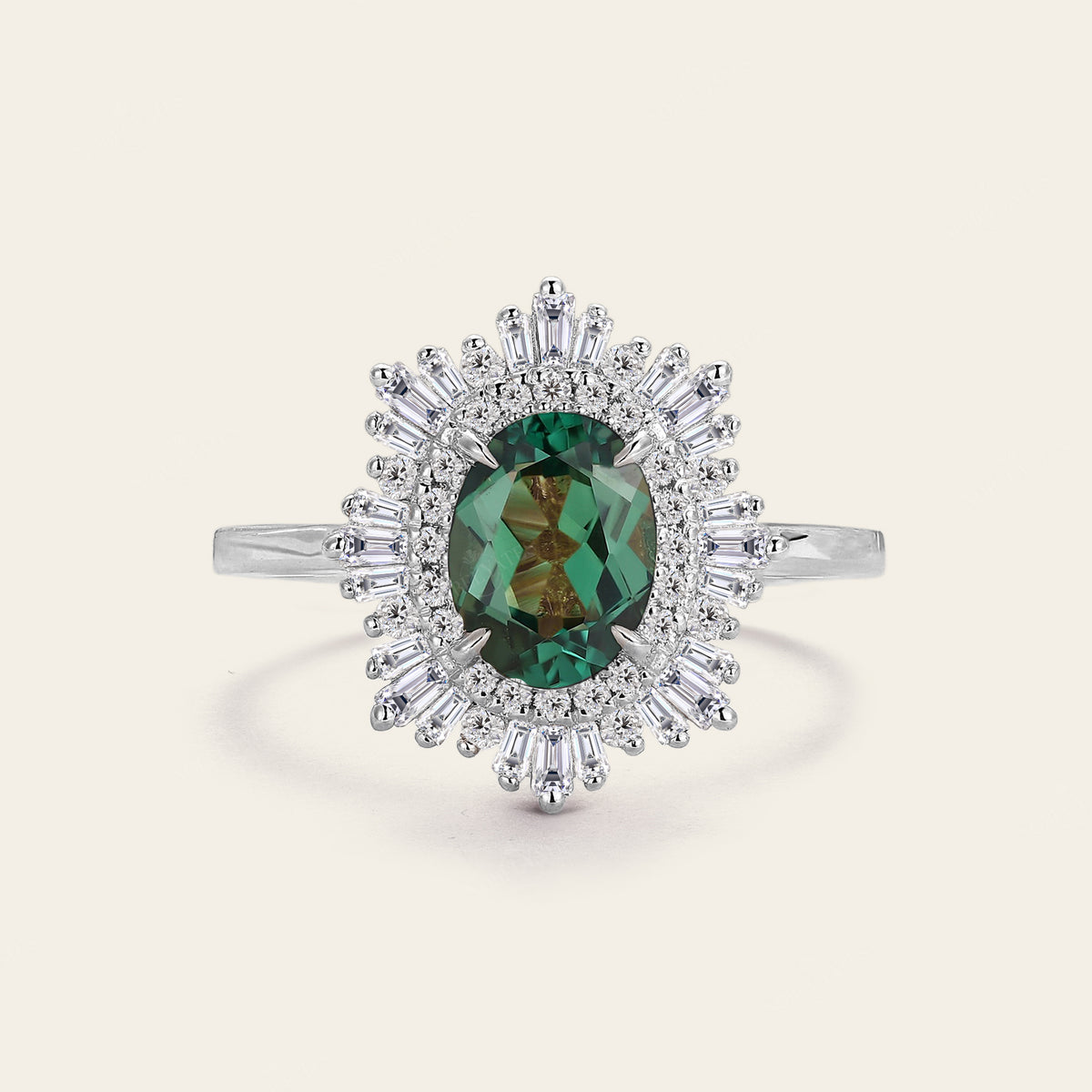 Art deco Oval Lab Green Sapphire Halo Starburst Engagement Ring Rose Gold