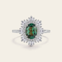 Art deco Oval Lab Green Sapphire Halo Starburst Engagement Ring Rose Gold