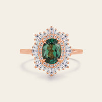 Art deco Oval Lab Green Sapphire Halo Starburst Engagement Ring Rose Gold