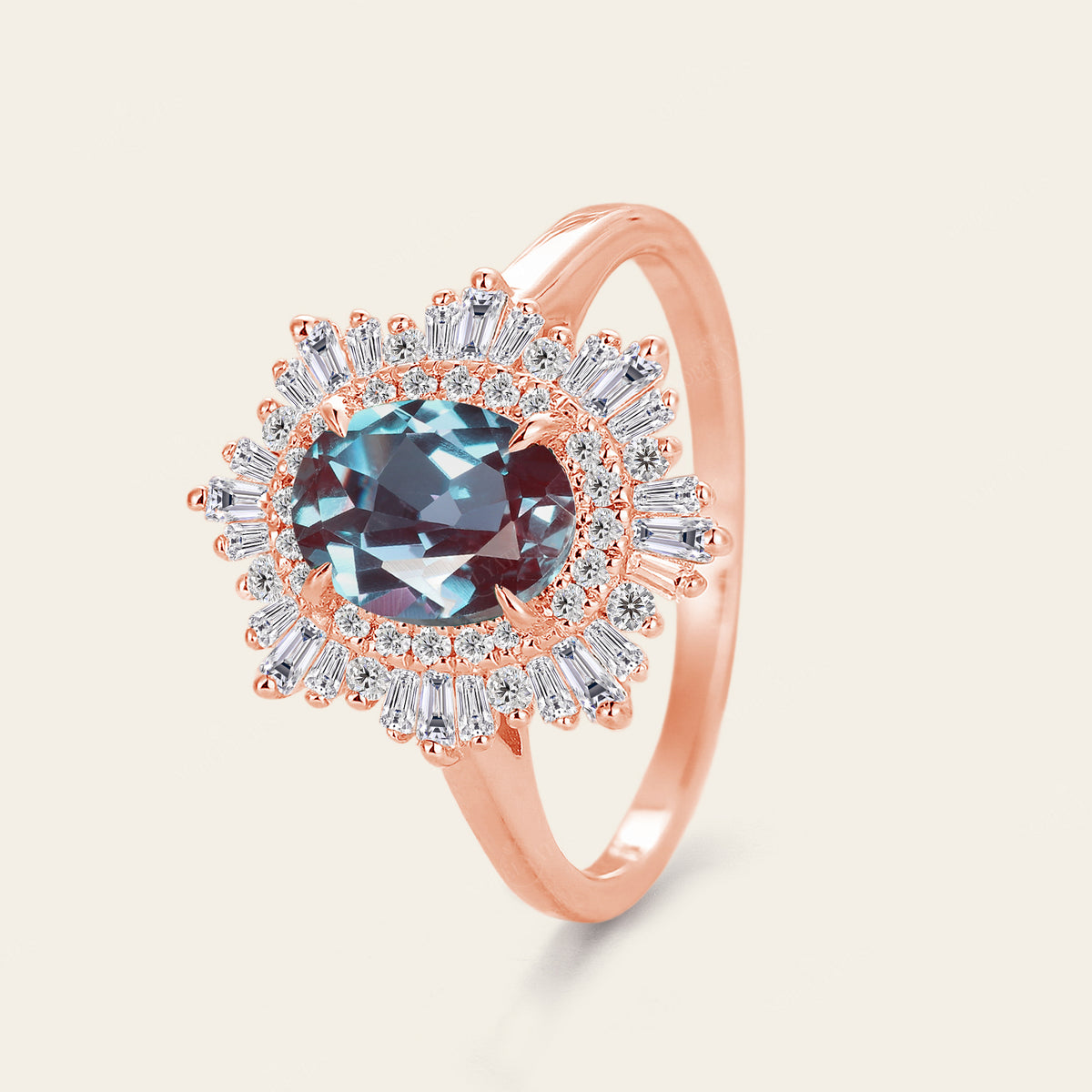 Art Deco Lab Alexandrite Oval Cut Rose Gold Engagement Ring