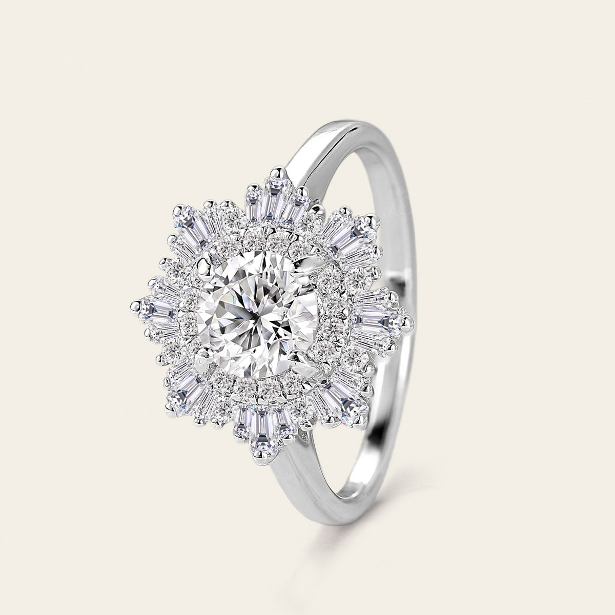 Art Deco Round Moissanite White Gold Halo Engagement Ring