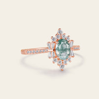 Moss Agate Art Deco Oval Cluster & Pave Engagement Ring Rose Gold