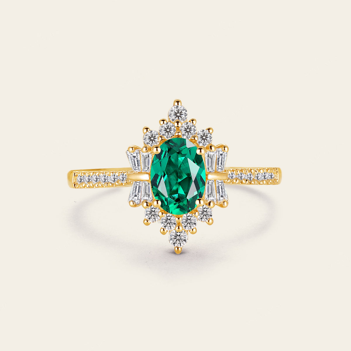 Art Deco Oval Lab Emerald Pave & Cluster Engagement Ring Rose Gold