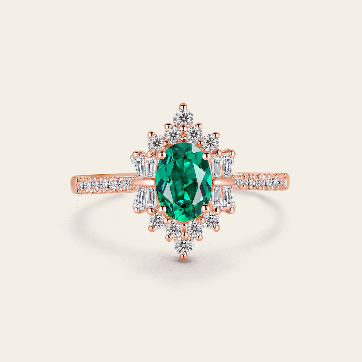 Art Deco Oval Lab Emerald Pave & Cluster Engagement Ring Rose Gold