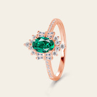 Art Deco Oval Lab Emerald Pave & Cluster Engagement Ring Rose Gold