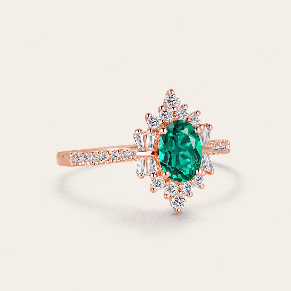 Art Deco Oval Lab Emerald Pave & Cluster Engagement Ring Rose Gold