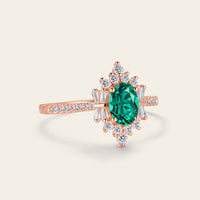 Art Deco Oval Lab Emerald Pave & Cluster Engagement Ring Rose Gold