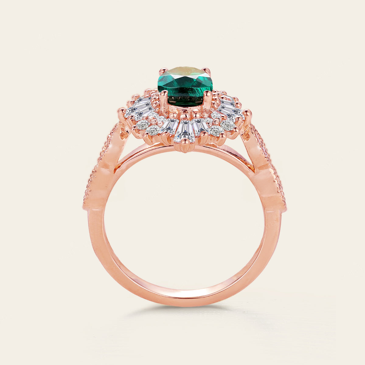 Art Deco Oval Lab Emerald Milgrain Engagement Ring Baguette Halo