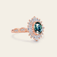 Vintage Art Deco Oval Teal Sapphire Rose Gold Engagement Ring Halo