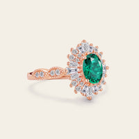 Art Deco Oval Lab Emerald Milgrain Engagement Ring Baguette Halo