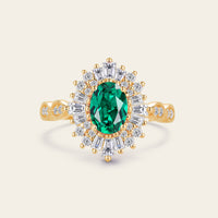 Art Deco Oval Lab Emerald Milgrain Engagement Ring Baguette Halo