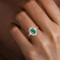 Art Deco Oval Lab Emerald Milgrain Engagement Ring Baguette Halo