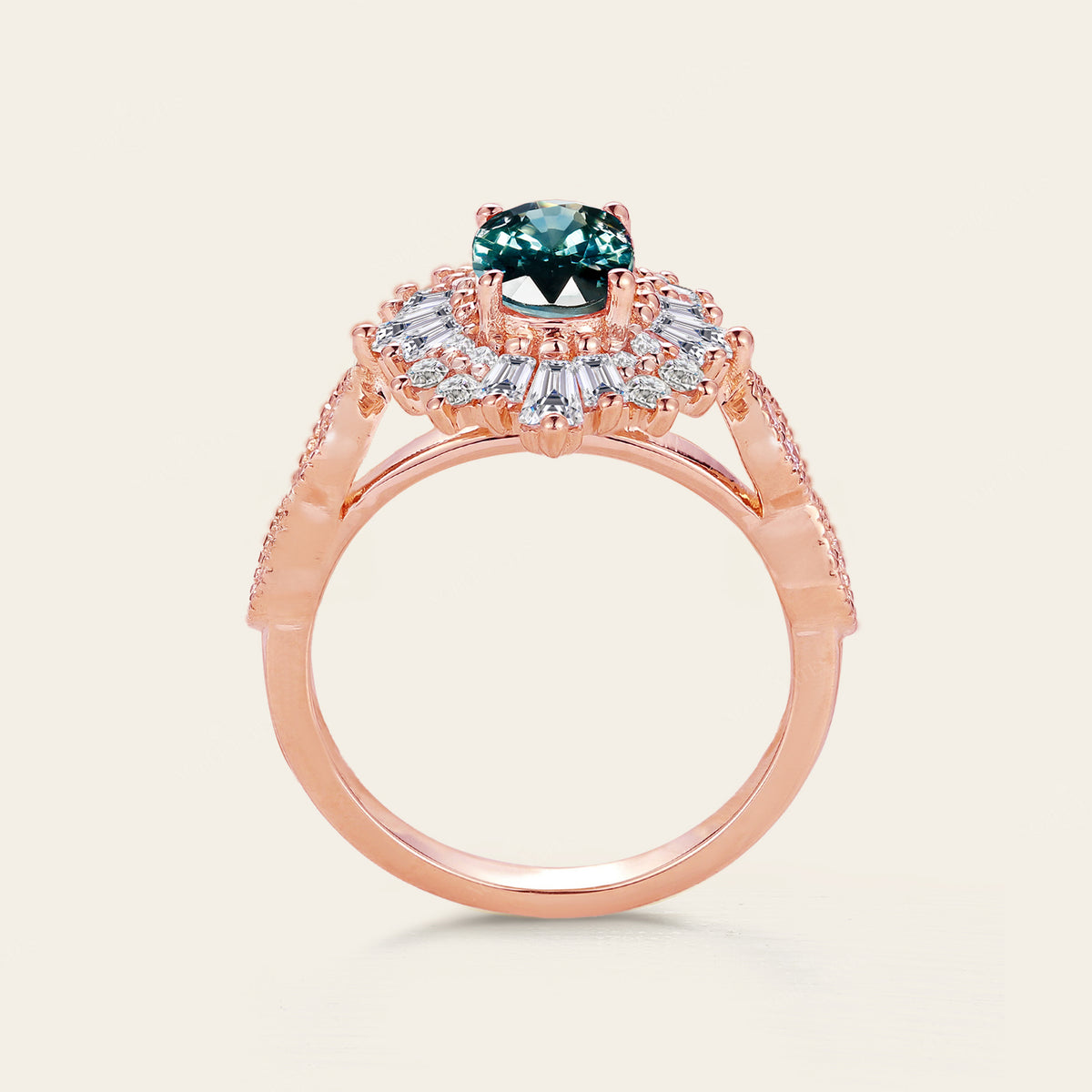 Vintage Art Deco Oval Teal Sapphire Rose Gold Engagement Ring Halo