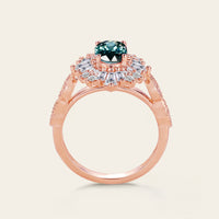 Vintage Art Deco Oval Teal Sapphire Rose Gold Engagement Ring Halo