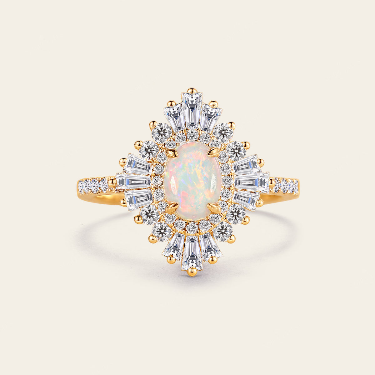 Art deco Oval White Opal Halo Pave Engagement Ring Rose Gold