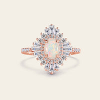 Art deco Oval White Opal Halo Pave Engagement Ring Rose Gold