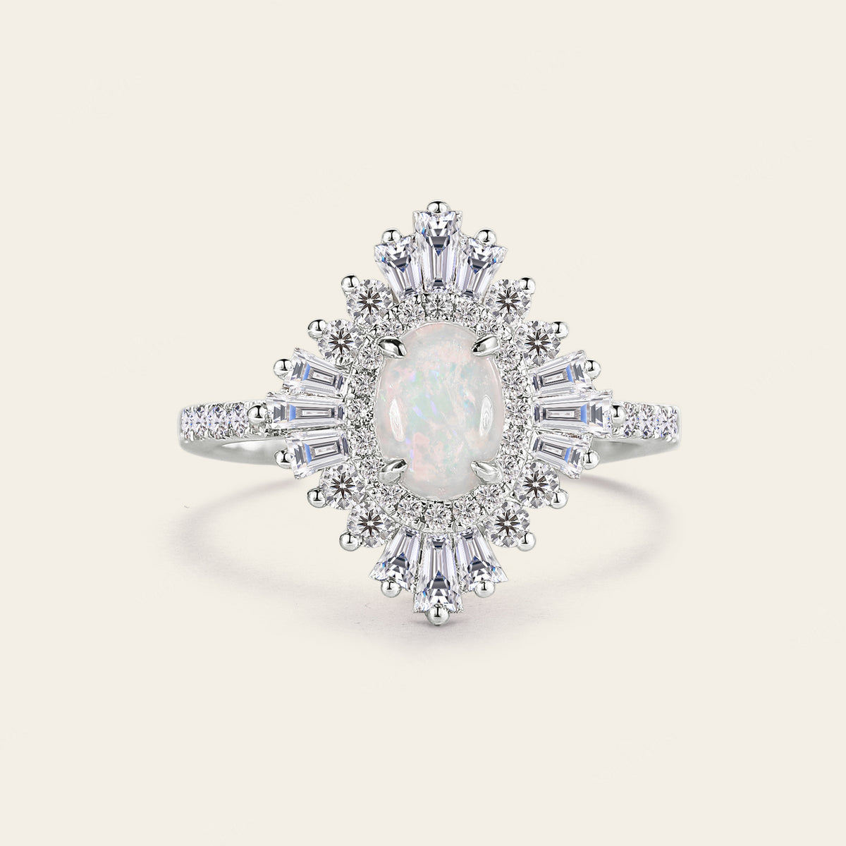 Art deco Oval White Opal Halo Pave Engagement Ring Rose Gold