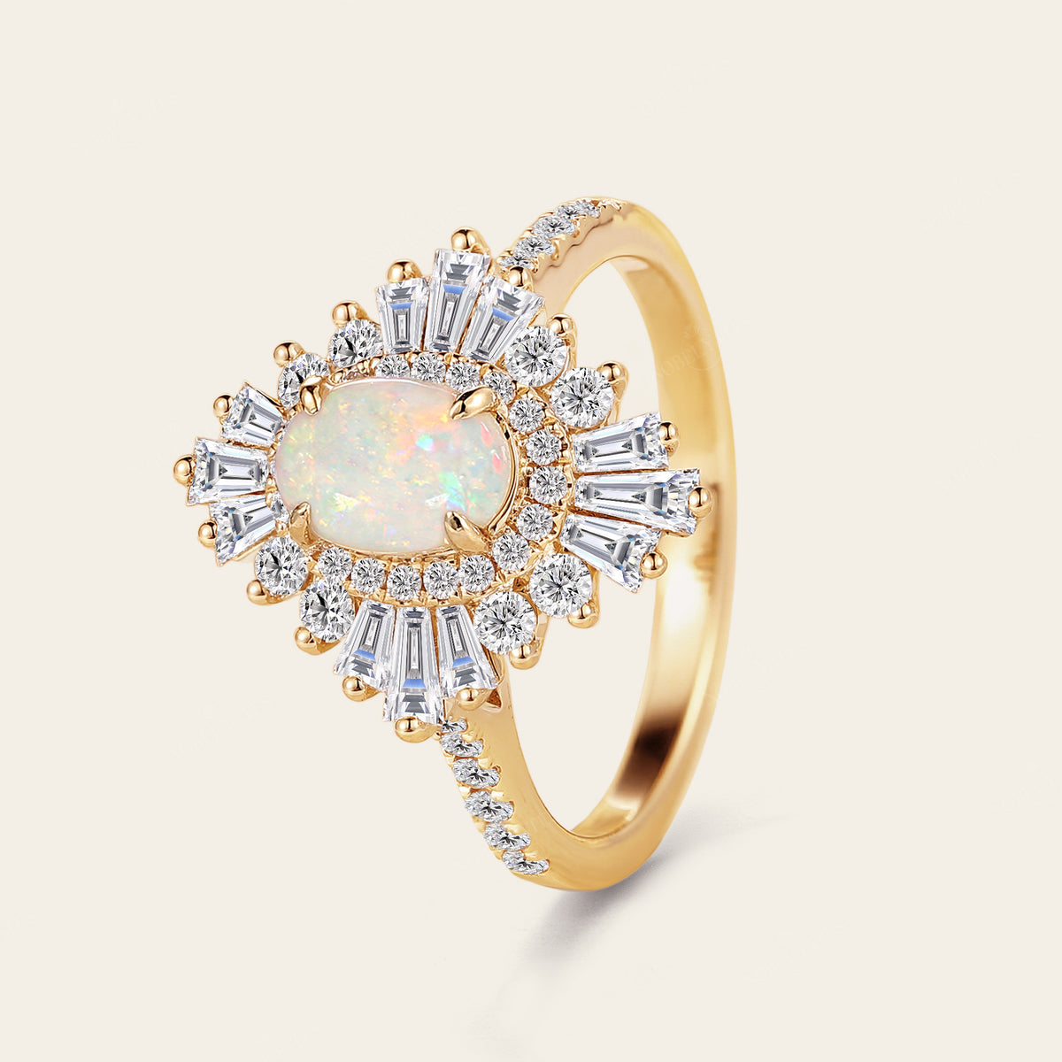 Art deco Oval White Opal Halo Pave Engagement Ring Rose Gold