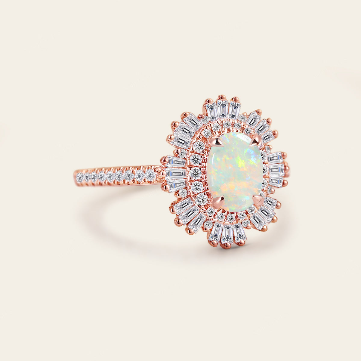 Art Deco Starburst Oval White Opal Engagement Ring