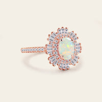 Art Deco Starburst Oval White Opal Engagement Ring