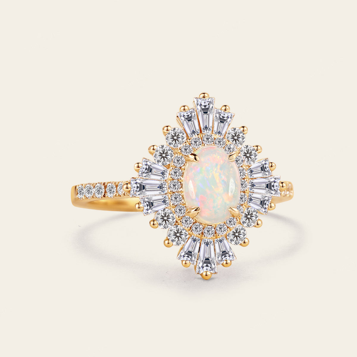 Art deco Oval White Opal Halo Pave Engagement Ring Rose Gold