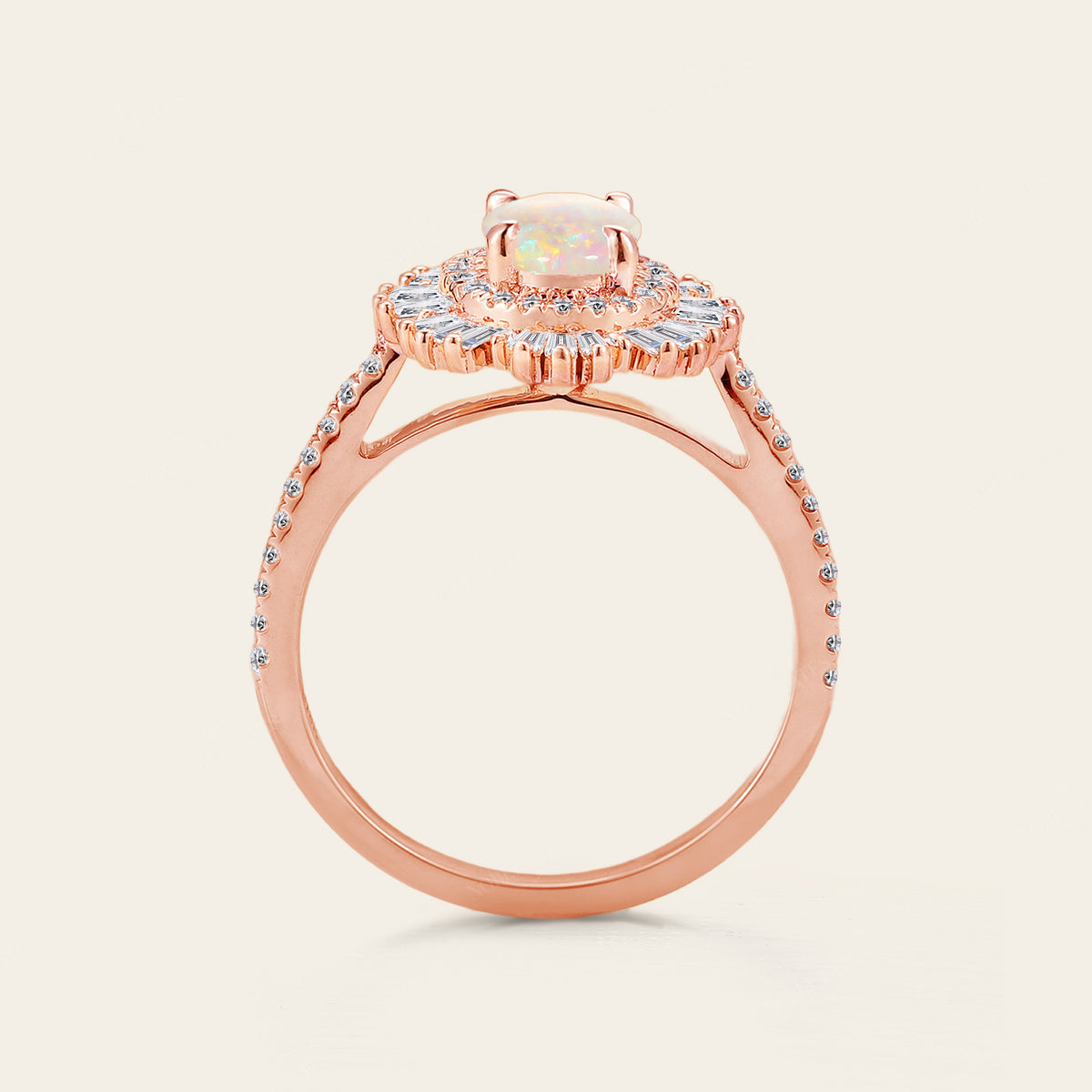 Art Deco Starburst Oval White Opal Engagement Ring