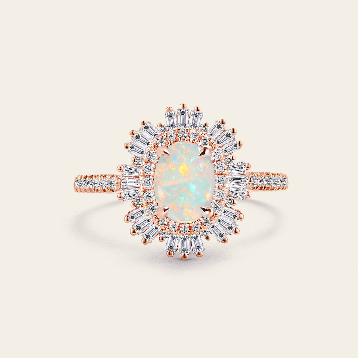 Art Deco Starburst Oval White Opal Engagement Ring