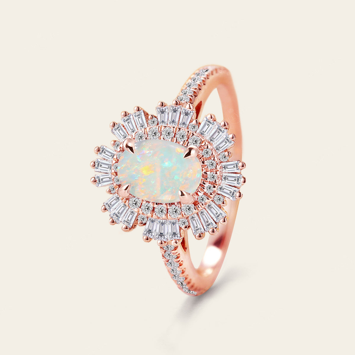 Art Deco Starburst Oval White Opal Engagement Ring