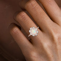 Art Deco Starburst Oval White Opal Engagement Ring