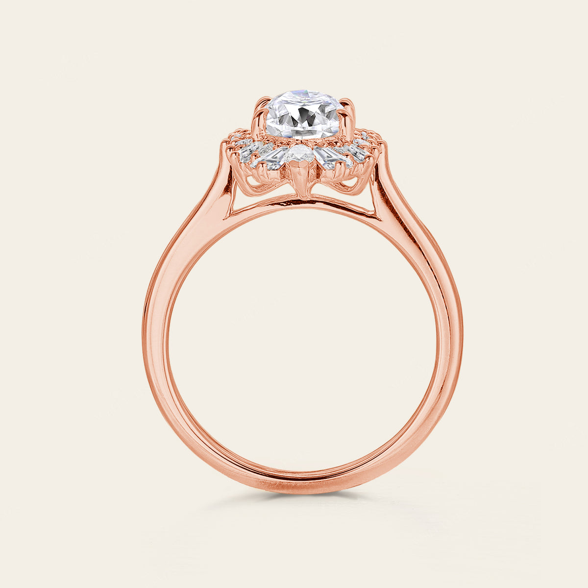 Oval Moissanite Engagement Ring Art Deco Rose Gold Halo