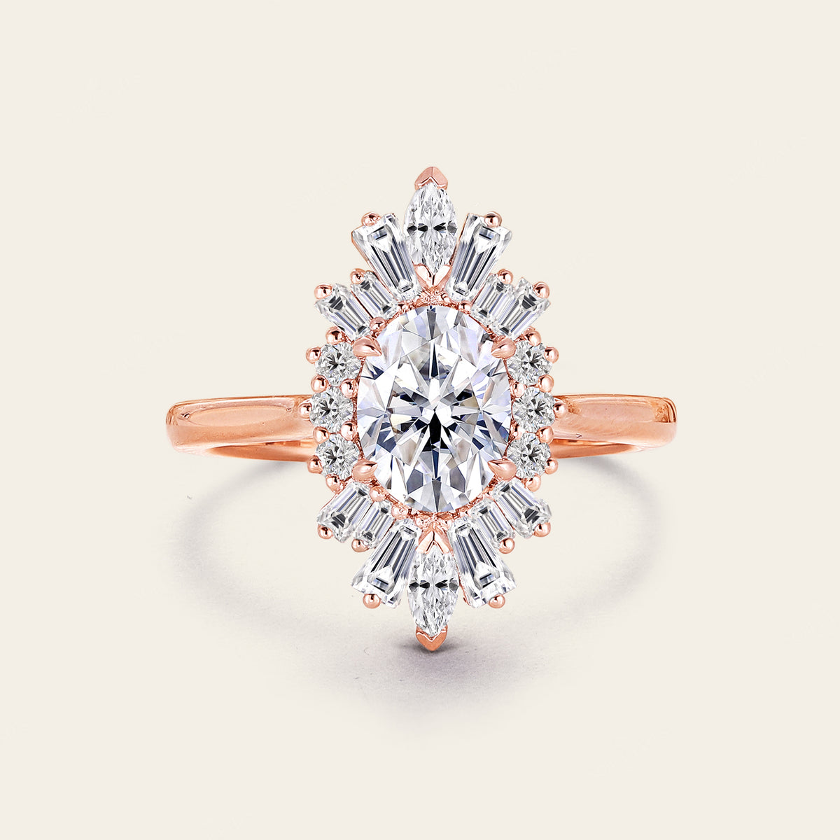 Oval Moissanite Engagement Ring Art Deco Rose Gold Halo