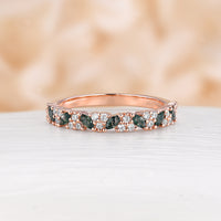 Marquise Moss Agate & Round Diamond Cluster Rose Gold Straight Wedding Band