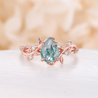 Pear Cut Moss Agate Nature Inspired Leaf Engagement Ring Bypass