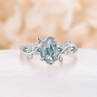 Pear Cut Moss Agate Nature Inspired Leaf Engagement Ring Bypass