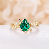 Pear Cut Nature Inspired Lab Emerald Leaf Design Engagement Ring Bypass